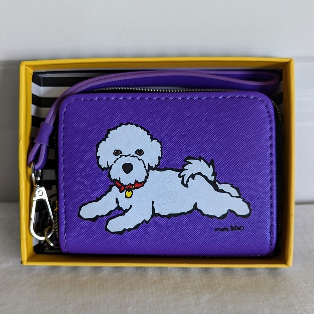 marc tetro Bichon Frise Wristlet Wallet Zip Around PVC Saffiano Gift Boxed NWT